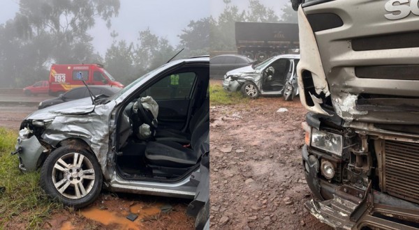 Colisão entre carro e caminhão deixa três vítimas em encarceramento mecânico