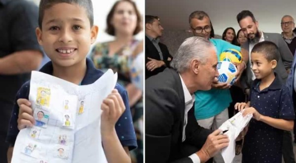 Menino que desenhou próprio álbum da Copa viaja pela 1ª vez de avião e conhece Tite e Marta