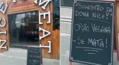 Churrascaria em Santos gera polêmica com placa: ‘Opção vegana: se mata’