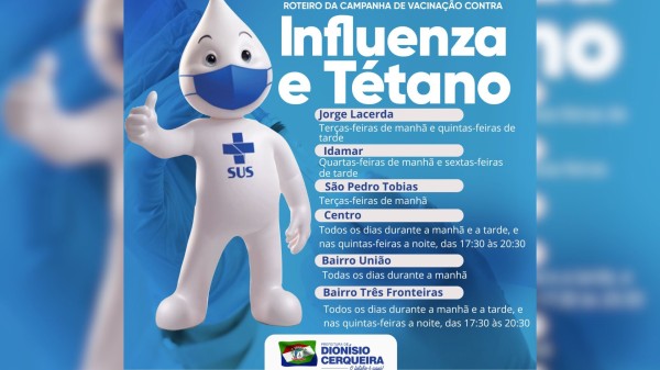 Vacinação contra Influenza e Tétano segue no município; confira o cronograma por unidade de saúde