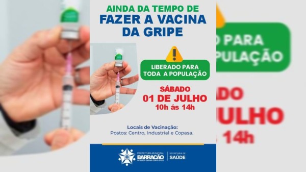 Salas de vacina estarão abertas neste sábado (01/07) nos bairros Centro, Copasa e Industrial