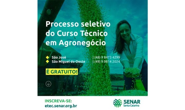 Inscrições para cursos técnicos gratuitos do Senar/SC encerram no dia 19 de janeiro