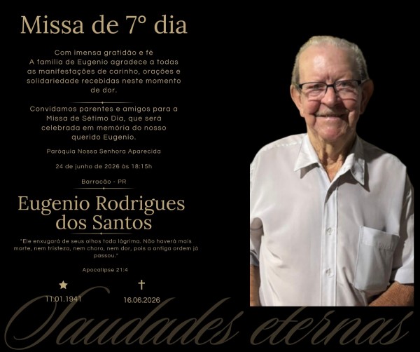 Missa de 7º dia em memória de Eugenio Rodrigues dos Santos será celebrada nesta quarta-feira