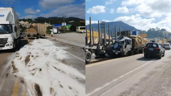 BR-470 fica com óleo na pista após colisão; motorista pulou de caminhão em movimento