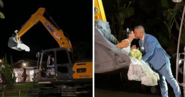 Noiva entra no casamento dentro de concha de escavadeira e encanta web: “Maravilhosa”