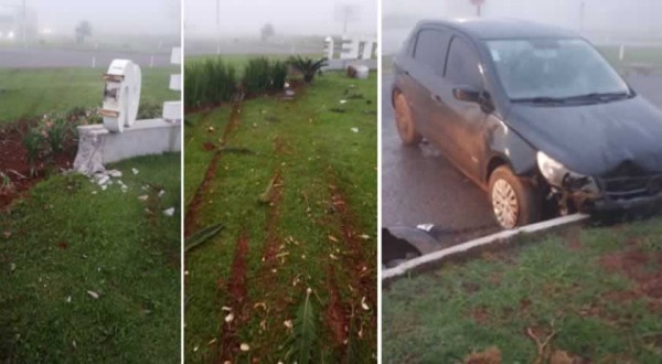 Veículo invade e danifica canteiro do trevo