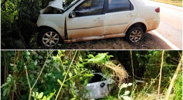 Colisão frontal na PR-281; motor do automóvel foi parar no meio do matagal