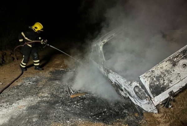 Veículo pega fogo após motorista sair da pista e bater contra poste de energia