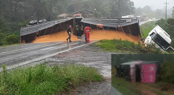 Carretas tombam na BR-163, trecho entre Barracão e Santo Antonio do Sudoeste