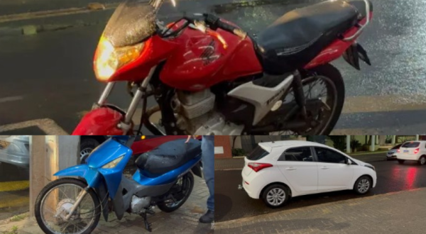 Mulher fica ferida após colisão envolvendo duas motos e um carro