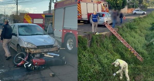 Condutor de moto é arremessado dentro do Rio Lonqueador após colisão com carro