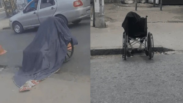 Homem carrega corpo da mãe em cadeira de rodas pelas ruas do Rio